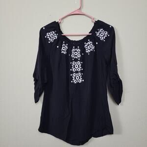 Hayley Matthews Womens Black Round Neck‎ Embroidered Tunic Blouse Size Small